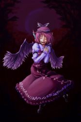 Rule 34 | 1girl, animal ears, artist request, bad id, bad pixiv id, closed eyes, dark, dress, female focus, fingernails, full body, hat, long fingernails, long sleeves, moon, music, mystia lorelei, nail, night, open mouth, own hands clasped, own hands together, pink hair, purple theme, shoes, singing, sitting, solo, takuzo, touhou, winged footwear, wings