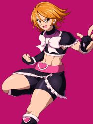 Rule 34 | 1girl, abs, absurdres, belt, bike shorts, black gloves, black legwear, black shirt, black skirt, black sleeves, bow, brown eyes, brown hair, commentary request, cowboy shot, crop top, cure black, detached sleeves, earrings, fingerless gloves, frilled skirt, frills, futari wa precure, gloves, groin, hair between eyes, heart, heart earrings, highres, jewelry, ko ban98, leg warmers, looking at viewer, magical girl, midriff, navel, open mouth, partial commentary, precure, purple background, purple belt, shirt, short hair, shorts, shorts under skirt, sidelocks, simple background, skirt, sleeveless, sleeveless shirt, solo, standing, standing on one leg