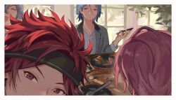 Rule 34 | 4boys, :d, absurdres, amagi rinne, blue hair, border, closed mouth, commentary, dark blue hair, day, earrings, ensemble stars!, facing another, foliage, grey eyes, hair between eyes, hand up, head out of frame, highres, himeru (ensemble stars!), indoors, jacket, jewelry, looking at another, male focus, multiple boys, necklace, open mouth, oukawa kohaku, out of frame, pink hair, plate, red hair, selfie, shiina niki, sitting, smile, spoon, symbol-only commentary, table, taking picture, tripleomurice, v-neck, white border, window