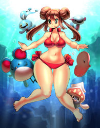 Rule 34 | 10s, bikini, breasts, brown hair, bubble, cleavage, creatures (company), double bun, doughnut hair bun, game freak, gen 2 pokemon, gen 3 pokemon, hair bun, kenron toqueen, luvdisc, marill, navel, nintendo, pokemon, pokemon (creature), pokemon bw2, rosa (pokemon), stomach, sunlight, swimsuit, thick thighs, thighs, twintails, underwater, wide hips