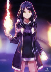 Rule 34 | 1girl, absurdres, black hair, blurry, blurry background, cowboy shot, green eyes, highres, hood, hoodie, jacket, long hair, looking at viewer, magic, magical girl, okuto, open clothes, open jacket, original, solo, standing