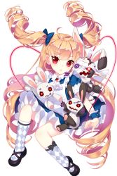 Rule 34 | 1girl, alice (soccer spirits), blonde hair, drill hair, full body, heart, highres, long hair, looking at viewer, mary janes, non-web source, red eyes, red ribbon, ribbon, shirahane nao, shoes, soccer spirits, socks, solo, stitches, stuffed animal, stuffed rabbit, stuffed toy, transparent background, twin drills