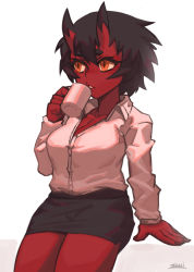 1girl, black hair, black skirt, breasts, cleavage, collared shirt, colored skin, commentary, cup, fingernails, formal, hand up, holding, holding cup, horns, kidouko (zakusi), large breasts, long sleeves, medium hair, mug, office lady, oni, oni horns, orange eyes, original, pant suit, pencil skirt, red oni, red skin, shirt, signature, simple background, sitting, skirt, solo, suit, symbol commentary, white background, wing collar, zakusi