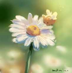 Rule 34 | :3, bee, blurry, blurry background, bug, chibi, commentary request, daisy, day, depth of field, flower, bug, light particles, manino (mofuritaionaka), no humans, original, outdoors, signature