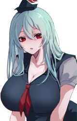 Rule 34 | 1girl, breasts, cleavage, collarbone, dress, grey hair, hair between eyes, hat, hat iue, highres, huge breasts, kamishirasawa keine, long hair, neckerchief, open mouth, red eyes, short sleeves, simple background, solo, touhou, upper body, white background
