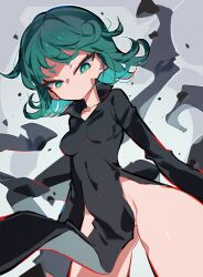Rule 34 | 1girl, black dress, breasts, closed mouth, commentary request, covered navel, curly hair, dress, green eyes, green hair, highres, long sleeves, looking at viewer, medium breasts, one-punch man, short hair, solo, standing, suzu i, tatsumaki, thighs, twitter username