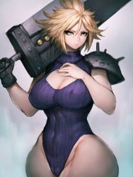 Rule 34 | 1girl, blonde hair, blue background, breasts, buster sword, cameltoe, cleavage, cloud strife, covered navel, curvy, covered erect nipples, final fantasy, final fantasy vii, fumio (rsqkr), genderswap, genderswap (mtf), highres, large breasts, lips, looking at viewer, short hair, shoulder pads, solo, spiked hair, sword, weapon, wide hips