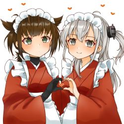 Rule 34 | 2girls, apron, black gloves, brown hair, cocoperino, commentary request, cowboy shot, frilled apron, frills, gloves, green eyes, hair flaps, hatsuzuki (kancolle), heart, heart hands, heart hands duo, japanese clothes, kantai collection, kimono, long hair, looking at viewer, maid, maid headdress, multiple girls, one side up, red kimono, short hair, silver hair, simple background, smile, suzutsuki (kancolle), wa maid, white apron, white background