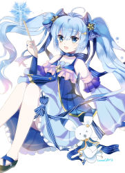 Rule 34 | 1girl, ahoge, blue eyes, blue hair, bridal gauntlets, rabbit, detached sleeves, dress, hair ornament, hairclip, hatsune miku, highres, long hair, looking at viewer, lunacats, one eye closed, open mouth, sitting, snowflakes, thighhighs, twintails, vocaloid, wand, white background, yuki miku, yukine (vocaloid)