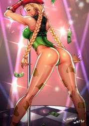 Rule 34 | 1girl, absurdres, ahoge, alternate eye color, ass, back, bad id, bad pixiv id, bare arms, bare legs, bare shoulders, beret, blush, bodypaint, braid, breasts, cammy white, camouflage, clyde s, covered erect nipples, elbow gloves, female focus, gloves, green eyes, green leotard, harness, hat, highleg, highleg leotard, highres, hip focus, kneepits, large breasts, leotard, long hair, looking back, money, pole, pole dancing, red gloves, scar, sideboob, skin tight, solo, stage, stage lights, street fighter, street fighter v, thighs, thong leotard, twin braids, very long hair