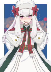 Rule 34 | 1girl, arms behind back, belt, belt buckle, blush, border, brown belt, buckle, cape, capelet, christmas, commentary request, dress, fire emblem, fire emblem: three houses, fire emblem heroes, flower, flying sweatdrops, food, food on face, fur-trimmed cape, fur-trimmed capelet, fur-trimmed headwear, fur trim, green cape, hair flower, hair ornament, hat, highres, long sleeves, looking at viewer, lysithea von ordelia, lysithea von ordelia (winter), nintendo, official alternate costume, open mouth, outside border, oyatsu 0, partial commentary, pink eyes, red cape, red flower, solo, two-sided cape, two-sided fabric, white border, white capelet, white dress, white hair, white hat