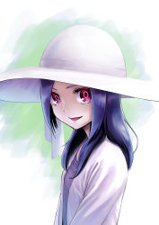 Rule 34 | 1girl, :d, blouse, fresh precure!, hair over shoulder, hat, higashi setsuna, highres, itou shin&#039;ichi, long hair, looking at viewer, open mouth, pink eyes, precure, purple hair, shirt, smile, solo, sun hat, undershirt, upper body, white hat, white shirt