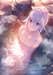 Rule 34 | 1girl, bare shoulders, bathing, blush, breasts, cleavage, closed mouth, collarbone, fate/grand order, fate (series), hair between eyes, highres, knees up, large breasts, long hair, looking at viewer, naked towel, onsen, red eyes, rock, silver hair, sitting, smile, solo, soupchan, tomoe gozen (fate), towel, towel on head, water