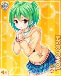 Rule 34 | 1girl, begging, black legwear, bow, brown eyes, card (medium), character name, girlfriend (kari), green hair, hair bow, halftone, halftone background, hood, hood down, hoodie, looking at viewer, official art, orange background, oshi tomo, own hands together, plaid, plaid skirt, pout, qp:flapper, school uniform, skirt, solo, sparkle, star (symbol), starry background, watch, wristwatch