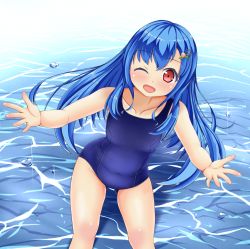 Rule 34 | 1girl, akizuki (akizuki71), blue hair, blue one-piece swimsuit, blush, breasts, collarbone, food-themed hair ornament, hair ornament, hinanawi tenshi, long hair, looking at viewer, ocean, one-piece swimsuit, open mouth, peach hair ornament, red eyes, school uniform, small breasts, smile, solo, sparkle, splashing, standing, swimsuit, touhou, water, wink