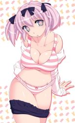 Rule 34 | + +, 10s, 1girl, bare shoulders, blue eyes, bow, bra, breasts, buruma, buruma pull, cleavage, clothes pull, hair bow, hair ribbon, hibari (senran kagura), large breasts, lingerie, navel, nonsugar, open mouth, panties, pink hair, ribbon, senran kagura, short hair, short twintails, sitting, solo, striped bra, striped clothes, striped panties, symbol-shaped pupils, twintails, underwear, underwear only, undressing
