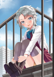 Rule 34 | 1girl, akishimo (kancolle), aqua bow, aqua bowtie, asymmetrical hair, blush, boots, bow, bowtie, brown footwear, collared shirt, cross-laced footwear, grey eyes, grey thighhighs, kantai collection, lace-up boots, long sleeves, mayura (lucadia), open mouth, shirt, short hair, silver hair, sitting, smile, solo, thighhighs, white shirt