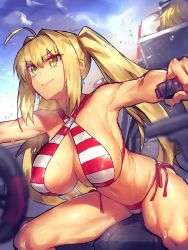Rule 34 | 2girls, ahoge, armpits, artoria pendragon (all), artoria pendragon (fate), bikini, blonde hair, breasts, driving, earrings, fate/grand order, fate (series), green eyes, halterneck, highres, jewelry, large breasts, melon22, midriff, multiple girls, navel, nero claudius (fate), nero claudius (fate) (all), nero claudius (swimsuit) (fate), nero claudius (swimsuit caster) (fate), saber alter, solo focus, striped bikini, striped clothes, sweat, swimsuit, twintails