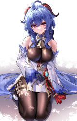 Rule 34 | 1girl, absurdres, ahoge, bare shoulders, bell, black gloves, blue hair, blush, bodystocking, breasts, brown pantyhose, detached sleeves, dress, eternity (shadeh), ganyu (genshin impact), genshin impact, gloves, highres, horns, large breasts, long hair, looking at viewer, pantyhose, purple eyes, seiza, sitting, smile, solo, thighs, vision (genshin impact), white dress