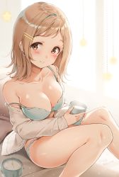 Rule 34 | 1girl, analog clock, bare shoulders, blue bra, blue panties, blush, bra, breasts, brown eyes, cardigan, clock, closed mouth, collarbone, commentary request, cup, hair ornament, hairclip, highres, hip focus, idolmaster, idolmaster shiny colors, kinako (shiratama mochi), light brown hair, long hair, looking at viewer, medium breasts, open cardigan, open clothes, panties, sakuragi mano, sitting, solo, star (symbol), sweater, swept bangs, thighs, underwear, white sweater