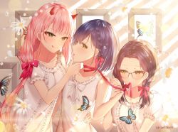 Rule 34 | 10s, 3girls, :q, blue hair, blush, bow, braid, breasts, brown hair, bug, butterfly, closed mouth, collarbone, commentary request, darling in the franxx, dress, flower, framed image, grabbing another&#039;s chin, green eyes, hair bow, hand on another&#039;s chin, horns, ichigo (darling in the franxx), ikuno (darling in the franxx), insect, junpaku karen, licking lips, long hair, medium breasts, mouth hold, multiple girls, parted bangs, parted lips, picture frame, pink hair, puffy short sleeves, puffy sleeves, red bow, red ribbon, ribbon, ribbon in mouth, short sleeves, sleeveless, sleeveless dress, smile, tongue, tongue out, twin braids, v-shaped eyebrows, very long hair, white bow, white dress, white flower, yuri, zero two (darling in the franxx)
