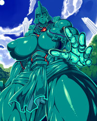 Rule 34 | 1girl, armor, breast slip, breasts, colored skin, colossus, day, frown, gigantic breasts, golem, greek mythology, green skin, h hiroma, helmet, huge breasts, kokuko (tsukiyotake), monster girl, muscular, muscular female, nipples, one breast out, puffy nipples, sagging breasts, sega, shining (series), shining force ii, solo, talos