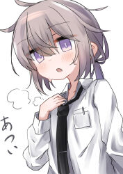 Rule 34 | 1girl, absurdres, black necktie, blush, collared shirt, commentary request, girls&#039; frontline, grey hair, hair between eyes, highres, hot, long sleeves, m200 (girls&#039; frontline), messy hair, necktie, open mouth, pony (animal), purple eyes, rotroto, shirt, simple background, solo, sweat, translation request, upper body, white background, white shirt