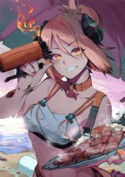 Rule 34 | 1girl, arknights, bikini, breasts, brown hair, choker, cleavage, commentary request, dokuro deluxe, fire, food, grin, hair between eyes, hand up, highres, holding, holding plate, horns, ifrit (arknights), ifrit (sunburn) (arknights), kebab, looking at viewer, material growth, medium breasts, nail polish, official alternate costume, orange choker, orange eyes, orange nails, oripathy lesion (arknights), plate, short hair, smile, solo, steam, stomach, swimsuit, upper body, white bikini