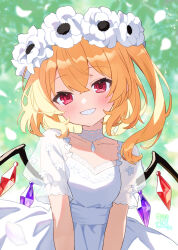 1girl ahase_hino alternate_costume blurry blurry_background blurry_foreground blush choker collarbone commentary crystal crystal_wings dress falling_petals flandre_scarlet flower frilled_sleeves frills grin hair_flower hair_ornament head_tilt head_wreath highres lace lace_choker leaf one_side_up pendant_choker petals puffy_short_sleeves puffy_sleeves red_eyes see-through_clothes see-through_sleeves short_sleeves smile solo touhou upper_body white_choker white_dress white_flower white_petals wings