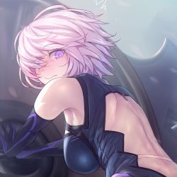 Rule 34 | 1girl, armpits, ass, aya shobon, back, back cutout, bare shoulders, black gloves, black leotard, blush, breasts, closed mouth, clothing cutout, cowboy shot, elbow gloves, fate/grand order, fate (series), from behind, gloves, hair over one eye, highres, large breasts, leaning forward, lens flare, leotard, looking back, mash kyrielight, nose blush, oversized object, petals, pink hair, purple eyes, shield, short hair, solo, standing, ^^^, sweat, thighs