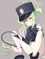 Rule 34 | absurdres, armband, barefoot, black footwear, black hat, black jacket, black tail, blue archive, blue armband, blush, boots, bottomless, buttons, cropped jacket, demon tail, double-breasted, earrings, flor, gloves, green hair, green halo, halo, hat, highlander twintails conductor (blue archive), highres, jacket, jewelry, long hair, long sleeves, nervous smile, nervous sweating, no pants, peaked cap, pointy ears, simple background, sitting, smile, sweat, tail, toes, twintails, very long hair, white gloves, yellow eyes