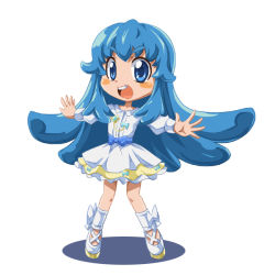 Rule 34 | 10s, 1girl, blue eyes, blue hair, blush, bow, full body, happinesscharge precure!, long hair, matching hair/eyes, precure, shirayuki hime, shishinon, shoes, sidelocks, skirt, smile, solo, standing, waist bow, white background