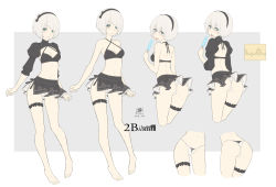 Rule 34 | 1girl, 2017, :d, :p, adapted costume, arms at sides, ass, back, bare arms, bare legs, bare shoulders, barefoot, bikini, bikini skirt, bikini top only, black bikini, black hairband, black ribbon, blue eyes, breasts, bridal garter, character name, character sheet, cleavage, closed mouth, cowboy shot, dan (kumadan), dated, feet, food, frilled sleeves, frills, from behind, hairband, halterneck, holding, holding food, juliet sleeves, long sleeves, looking at viewer, looking back, mole, mole under mouth, multiple views, navel, nier:automata, nier (series), no blindfold, open mouth, pigeon-toed, popsicle, puffy sleeves, ribbon, short hair, shoulder blades, silver hair, small breasts, smile, standing, stomach, swimsuit, toes, tongue, tongue out, 2b (nier:automata)