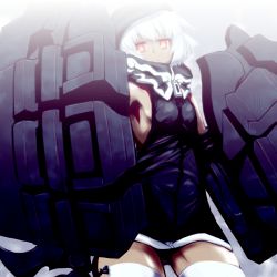 Rule 34 | 10s, 1girl, bare shoulders, black rock shooter, hood, hoodie, inabatei (amana), mechanical arms, red eyes, short hair, single mechanical arm, sleeveless, solo, strength (black rock shooter), tail, thighhighs, white hair, white thighhighs
