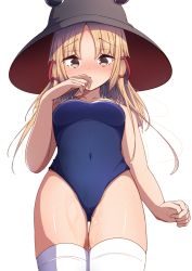 Rule 34 | 1girl, absurdres, blonde hair, blue one-piece swimsuit, breasts, collarbone, covered navel, darumoon, grey eyes, hair ribbon, highres, medium hair, moriya suwako, one-piece swimsuit, parted bangs, red ribbon, ribbon, school swimsuit, simple background, small breasts, solo, swimsuit, thighs, touhou, white background, yellow eyes