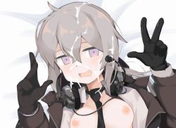 Rule 34 | 1girl, aftersex, black necktie, blush, breasts, brown jacket, cum, cum on hair, facial, female focus, girls&#039; frontline, headphones, jacket, kim da-yoon, looking at viewer, m200 (girls&#039; frontline), necktie, peace symbol, short hair, smile, solo, upper body