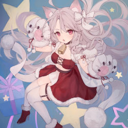 Rule 34 | 1girl, :o, absurdres, ahoge, animal ear fluff, animal ears, animal hands, azur lane, bell, box, breasts, christmas present, collar, collarbone, commentary, daichengqi, fang, fur-trimmed footwear, fur trim, gift, gift box, grey hair, hair ribbon, high heels, highres, knees together feet apart, legwear garter, long hair, looking at viewer, neck bell, official alternate costume, open mouth, parted bangs, pom pom (clothes), red eyes, red footwear, ribbon, signature, slit pupils, small breasts, solo, thick eyebrows, thighhighs, white ribbon, white thighhighs, wolf ears, wolf girl, yuudachi (azur lane), yuudachi (woofy floofy christmas night) (azur lane)