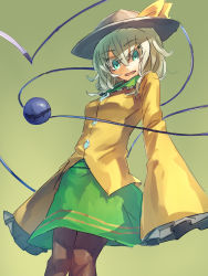 Rule 34 | 1girl, bow, buttons, green eyes, green hair, green skirt, hat, hat bow, heart, highres, komeiji koishi, long sleeves, looking at viewer, matching hair/eyes, melon22, messy hair, oversized clothes, pantyhose, shirt, simple background, skirt, solo, third eye, touhou, wide sleeves