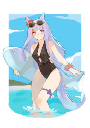 Rule 34 | 1girl, absurdres, alternate costume, animal ears, bana (stand flower), bare shoulders, black one-piece swimsuit, blunt bangs, blush, breasts, cleavage, ear scrunchie, eyewear on head, gold ship (umamusume), grin, highres, horse ears, horse girl, horse tail, inflatable toy, long hair, looking at viewer, one-piece swimsuit, outdoors, purple hair, scrunchie, small breasts, smile, solo, sunglasses, swimsuit, tail, thigh strap, umamusume, wading, wrist scrunchie
