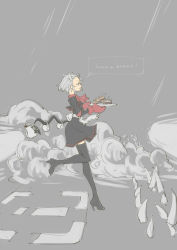 Rule 34 | 1girl, black dress, black thighhighs, boots, cake, coffee mug, commentary, cup, dress, english text, food, foot up, from side, gloves, grey background, grey hair, hands up, helltaker, high heel boots, high heels, holding, holding tray, horns, justice (helltaker), mittens, mug, official alternate costume, red gloves, root 12047841, short hair, simple background, smile, smoke, solo, speech bubble, thighhighs, tray