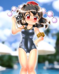 Rule 34 | 1girl, black hair, blush, breasts, camera, hand on own hip, hat, medium breasts, one-piece swimsuit, red eyes, school swimsuit, shameimaru aya, shiny clothes, shiny skin, smile, solo, swimsuit, tokin hat, touhou, winn