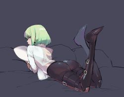 Rule 34 | 1boy, absurdres, androgynous, ass, bed, belt, belt buckle, black footwear, black legwear, black pants, buckle, earrings, ennuigrl, green hair, grey background, highres, jewelry, leather, leather pants, lio fotia, long sleeves, looking back, lying, hugging object, on stomach, pants, pillow, pillow hug, promare, shirt, short hair, skin tight, swinging legs, tight clothes, tight pants, triangle earrings, white shirt