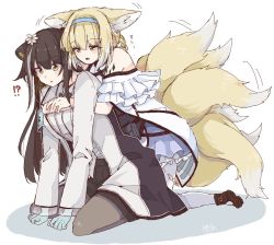 Rule 34 | !?, 2girls, animal ear fluff, animal ears, arknights, armband, black footwear, black legwear, blonde hair, blue gloves, blue headband, blush, braid, braided hair rings, braided ponytail, brown hair, cat ears, coat, commentary, flower, folinic (arknights), fox ears, fox tail, frills, gloves, hair flower, hair ornament, headband, hug, hug from behind, implied futanari, karasuto, kitsune, kneeling, kyuubi, material growth, motion lines, multicolored hair, multiple girls, multiple tails, open mouth, oripathy lesion (arknights), pantyhose, radiation symbol, see-through, shoes, sketch, streaked hair, suzuran (arknights), symbol-only commentary, tail, tail wagging, torn clothes, torn legwear, white coat, white legwear, yellow eyes