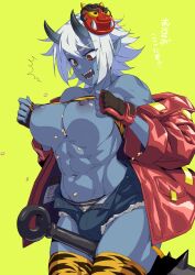 Rule 34 | 1futa, ^^^, abs, animal print, bandeau, bare shoulders, beans, between legs, blue hair, blue oni, blue shorts, blue skin, breasts, bulge, club, club (weapon), colored skin, commentary request, cowboy shot, cutoffs, denim, denim shorts, fangs, fingerless gloves, fingernails, futanari, gloves, green background, hair between eyes, horns, jacket, kanabou, large breasts, lifting own clothes, light blue hair, long fingernails, long sleeves, mask, mask on head, mikoyan, muscular, muscular female, navel, nipples, off shoulder, oni, oni mask, open clothes, open fly, open jacket, open mouth, original, pointy ears, red eyes, red jacket, sharp fingernails, short hair, short shorts, shorts, simple background, skin-covered horns, smile, solo, stomach, sweatdrop, teeth, thick thighs, thighhighs, thighs, tiger print, tongue, translated, weapon, yellow bandeau, yellow thighhighs