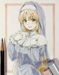 Rule 34 | 1girl, art tools in frame, artist name, blonde hair, blush, clenched hands, fuusuke (fusuke208), gloves, graphite (medium), green eyes, habit, hands on own chest, highres, long hair, looking at viewer, marker, marker (medium), nijisanji, nun, open mouth, parted hair, pencil, photo (medium), sister claire, sister claire (1st costume), smile, solo, traditional media, traditional nun, very long hair, virtual youtuber, white gloves