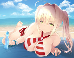 Rule 34 | 1girl, ahoge, barefoot, beach, bikini, blonde hair, blue sky, bracelet, breasts, cait aron, cleavage, closed mouth, criss-cross halter, day, earrings, fate/grand order, fate (series), fisheye, green eyes, hair intakes, halterneck, jewelry, large breasts, long hair, looking at viewer, lying, nero claudius (fate), nero claudius (fate) (all), nero claudius (swimsuit caster) (fate), on stomach, outdoors, side-tie bikini bottom, sky, smile, solo, striped bikini, striped clothes, swimsuit, twintails