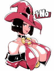 Rule 34 | 1girl, bad id, bad tumblr id, bare shoulders, black eyes, black hair, bob cut, breasts, character name, cleavage, collar, guilty gear, guilty gear xrd, hat, i-no, large breasts, lips, lipstick, looking at viewer, makeup, mole, o-ring, red hat, short hair, solo, upper body, witch hat, zako (arvinry)