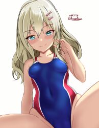 Rule 34 | 1girl, blonde hair, blue one-piece swimsuit, breasts, competition swimsuit, dated, grecale (kancolle), green eyes, hair ornament, hairclip, highres, kantai collection, long hair, looking at viewer, montemasa, one-hour drawing challenge, one-piece swimsuit, simple background, sitting, small breasts, smile, solo, spread legs, swimsuit, tan, twitter username, two-tone swimsuit, white background
