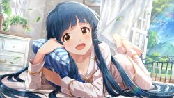 Rule 34 | 1girl, barefoot, blue hair, blush, breasts, brown eyes, cleavage, dress, feet, idolmaster, idolmaster million live!, idolmaster million live! theater days, kitakami reika, long hair, lying, official art, on stomach, open mouth, smile, solo, toes, twintails