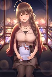 Rule 34 | 1girl, :d, ahoge, asarime, bag, blurry, blurry background, blush, braid, breasts, brown hair, brown pantyhose, city lights, closed eyes, collarbone, earrings, facing viewer, ferris wheel, floral print, gift, hair between eyes, hair ornament, idolmaster, idolmaster shiny colors, jacket, jacket on shoulders, jewelry, kuwayama chiyuki, large breasts, lipstick, long hair, makeup, nail polish, necklace, night, night sky, open mouth, pantyhose, paper bag, pink nails, single braid, sitting, skirt, sky, smile, solo, star (sky), starry sky, window